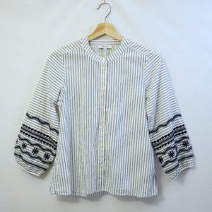Madewell Embroidered Sleeve Band Collar Shirt Top, Black/White Striped, Women XS